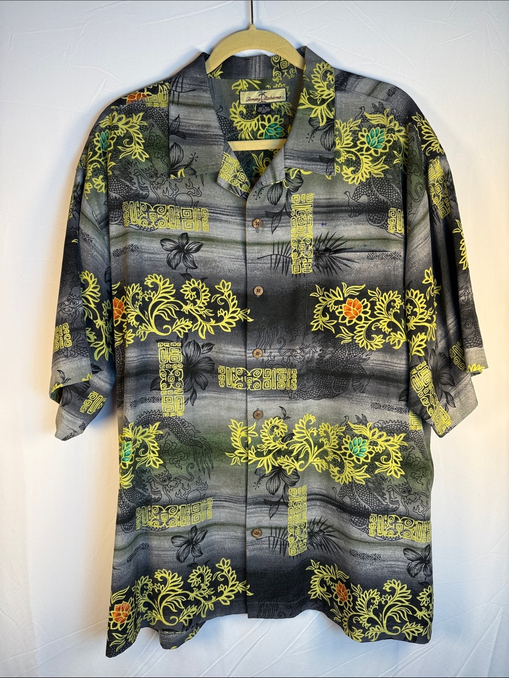 Tommy Bahama Black and Yellow Floral Silk Hawaiian Button-Down